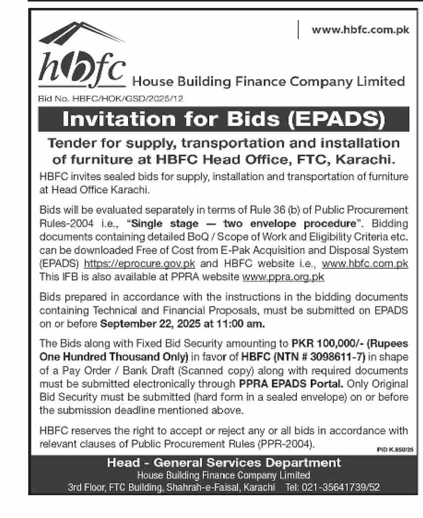 House Building Finance Company Limited Tender Notice